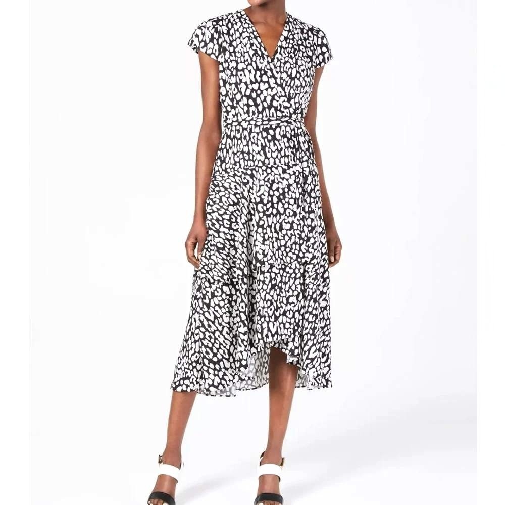 Calvin Klein Womens Leopard Animal Print Wrap Tiered Midi Dress Black White 8